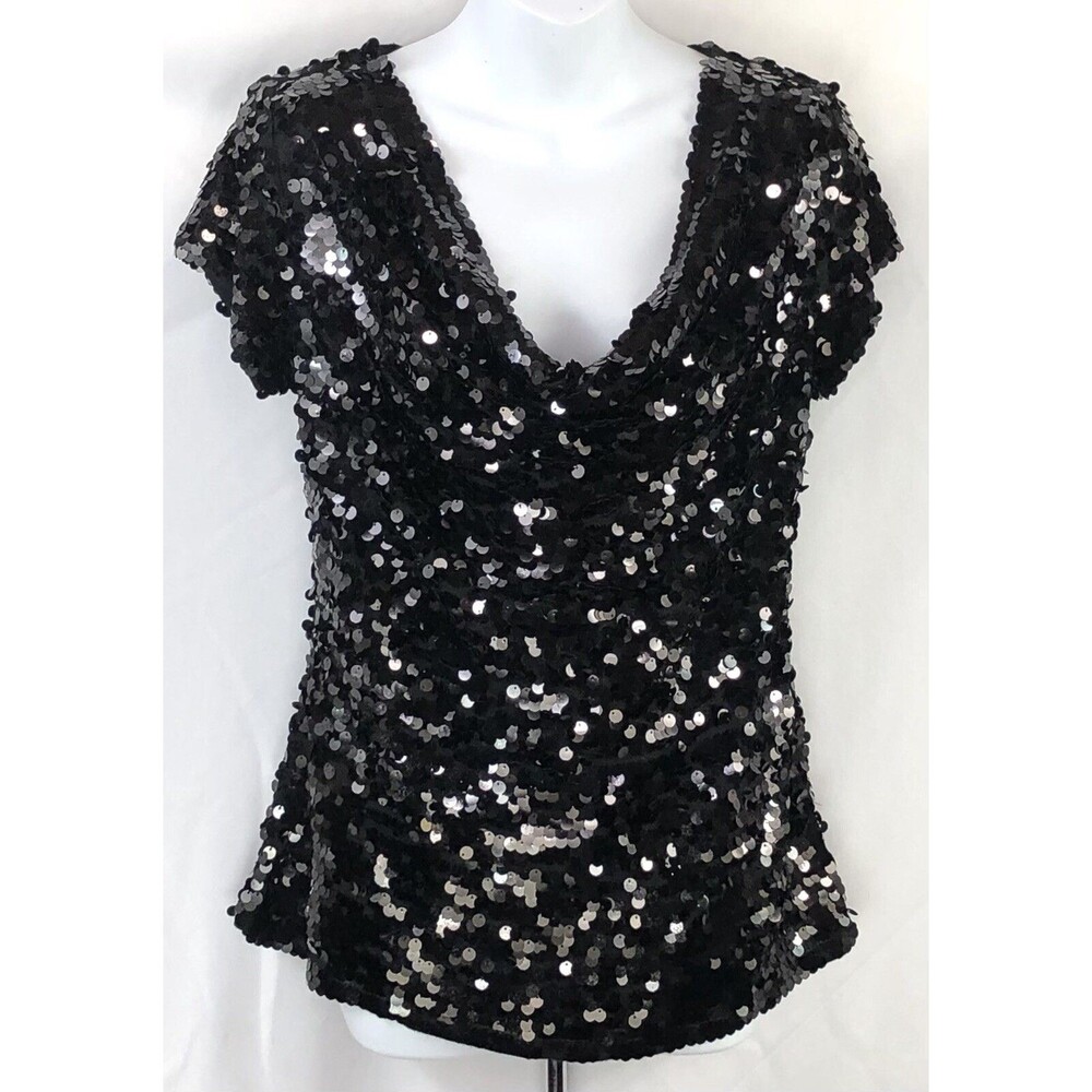 Inc Boutique Evening Heavy Sequins Top M Blk Drape Cowl Neck Party Deco Cocktail